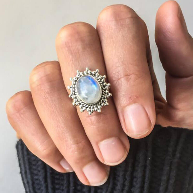 Big Oval Cut Moonstone Halo Sunflower Ring