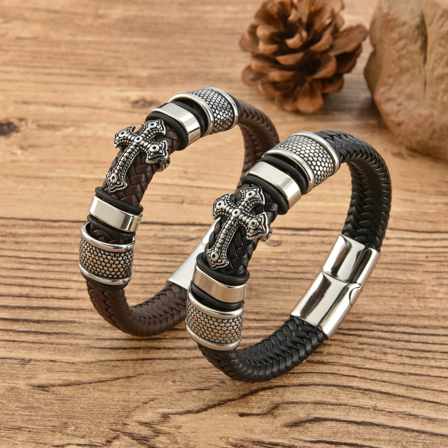 Cross Leather Braided Bracelet with Magnetic Buckle for Men