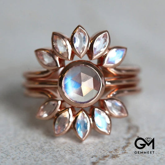 Sun Flower Moonstone 3 - Piece Ring