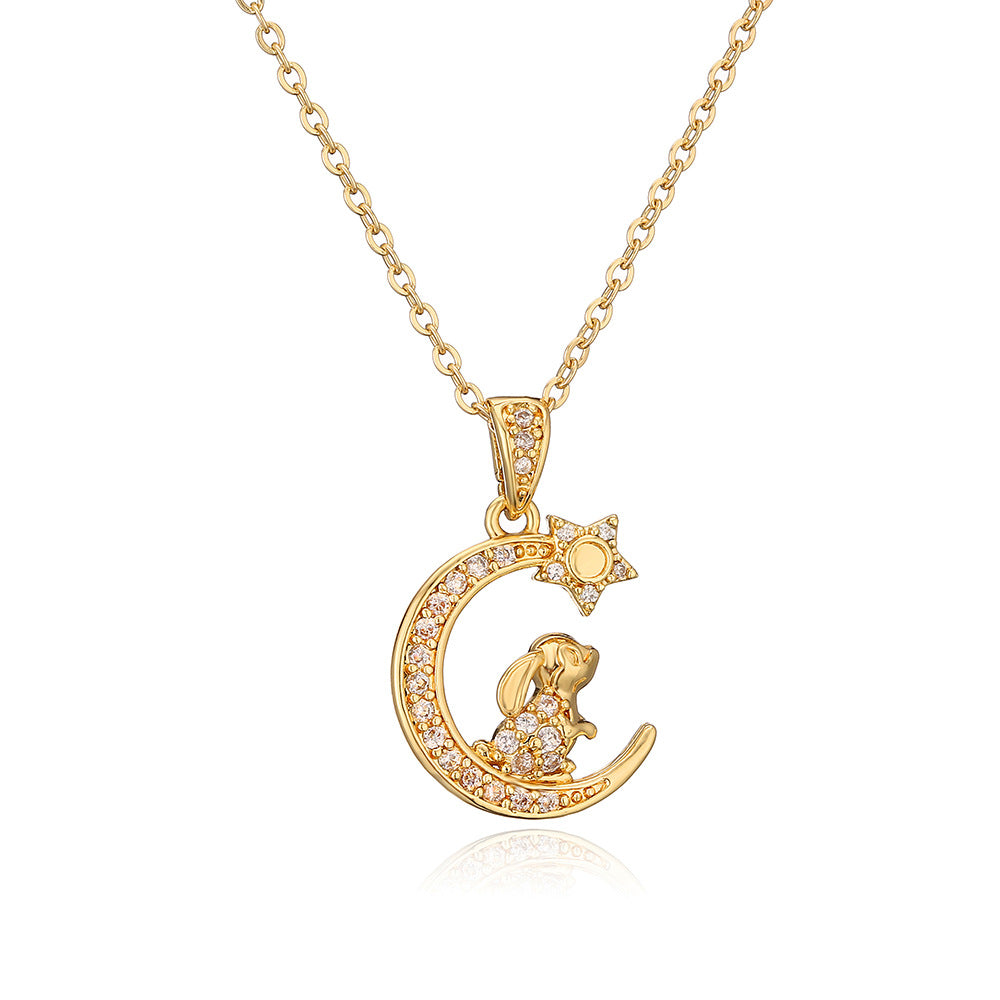 Full Stones Rabbit & Heart Moon Pendant Necklace