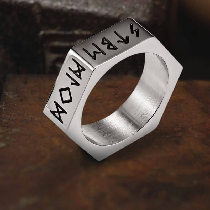 Viking Runes Hexagon Stainless Steel Geometric Ring