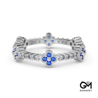 S925 Silver Blue White Round Zircon Flower Ring