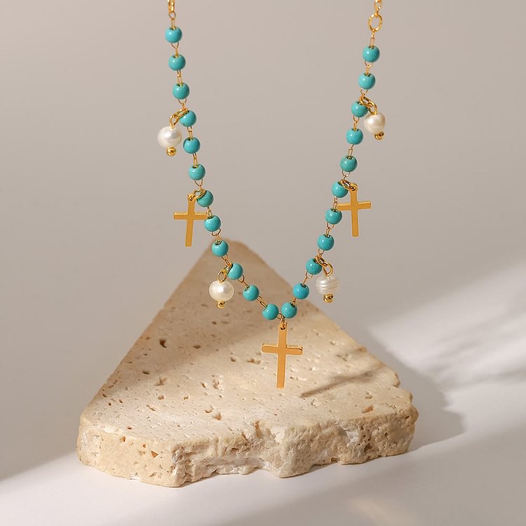 Turquoise Pearl Cross Pendant Tassel Necklace