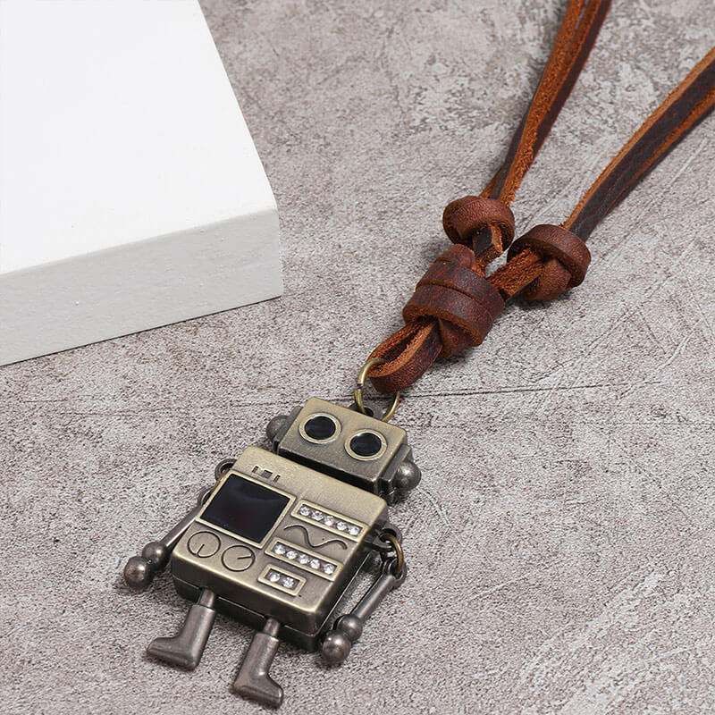 Movable Robot Pendant Leather Necklace