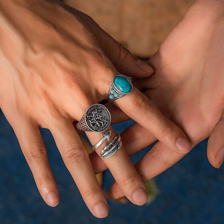 Turquoise Arrow Feather Skull Ring Set