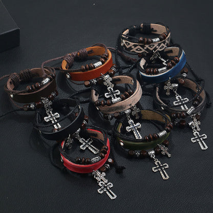 Double Cross Multilayer Leather Bracelet Simple Retro Leather Bracelet