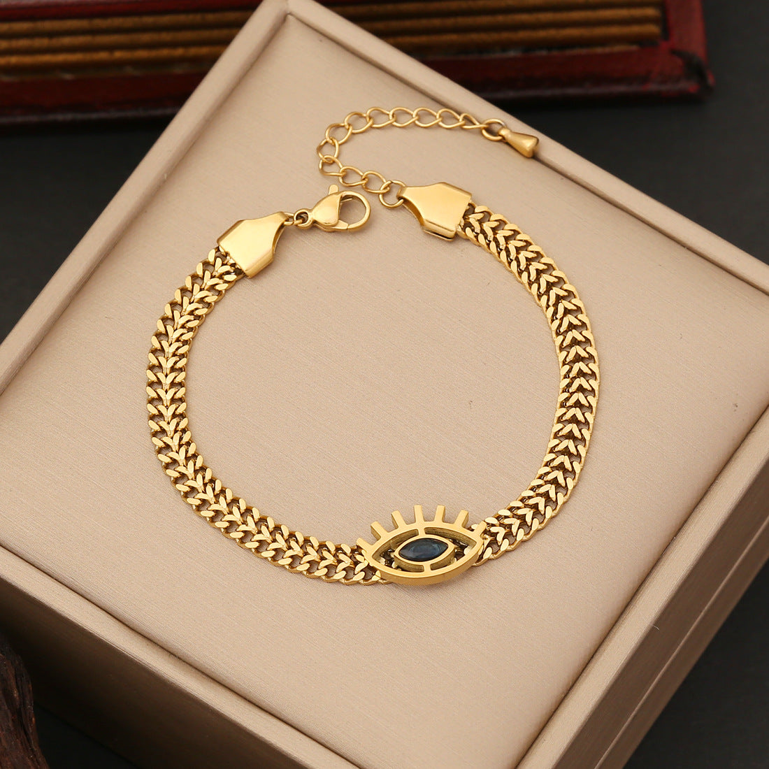 Golden Evil Eye Pendant Cuban Link Bracelet Necklace & Earrings