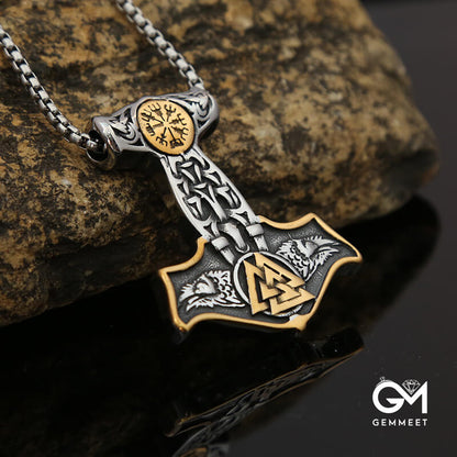 Viking Thor Hammer Titanium Steel Triangle Rune Necklace