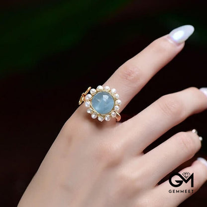 Aquamarine With Pearl Retro Ring