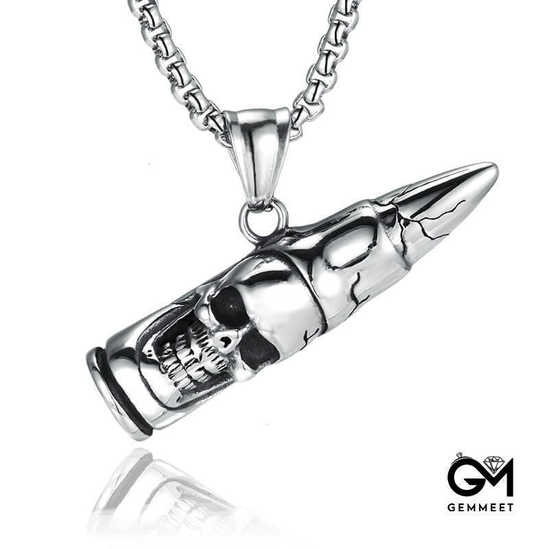 Stainless Steel Bullet Skull Pendant Necklace