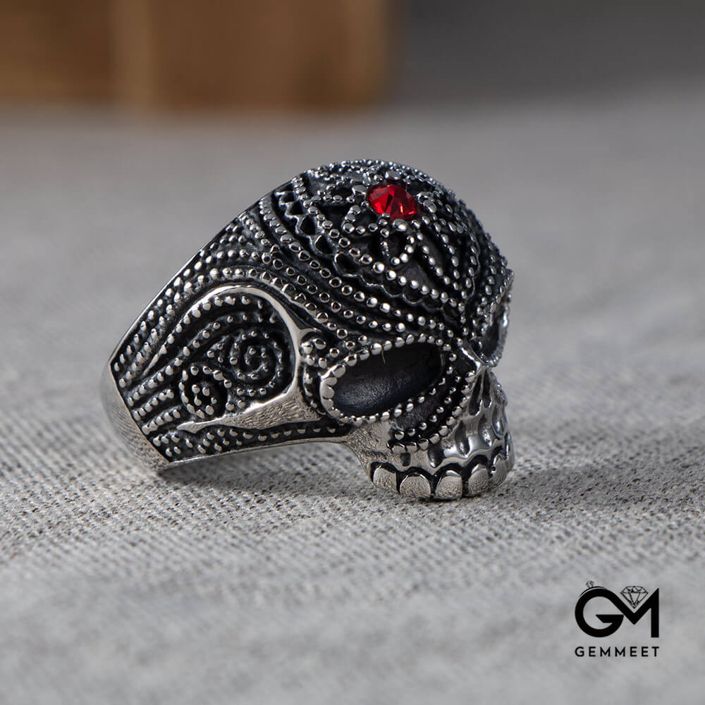 Titanium Steel Skull Ghost Head Flower Red Zircon Ring