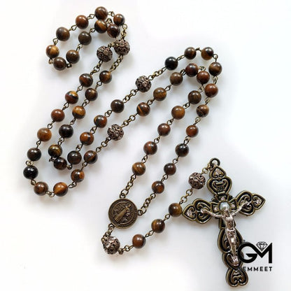 Grade A Tiger Eye Cross Pendant Rosary Necklace