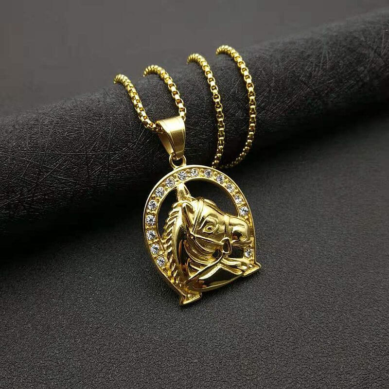 Hiphop Jewelry Titanium Steel Gold-plated Zircon Horse Head Pendant