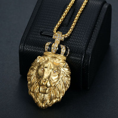 Hip Hop Gold Plated Zircon Crown Lion Head Pendant