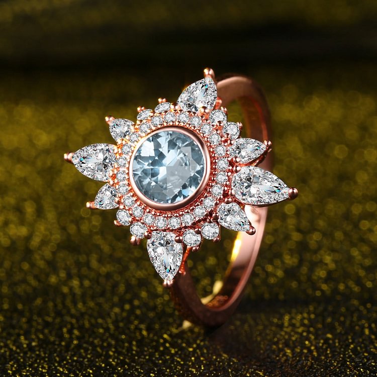 Aquamarine White Zircon Sunflower Design Ring