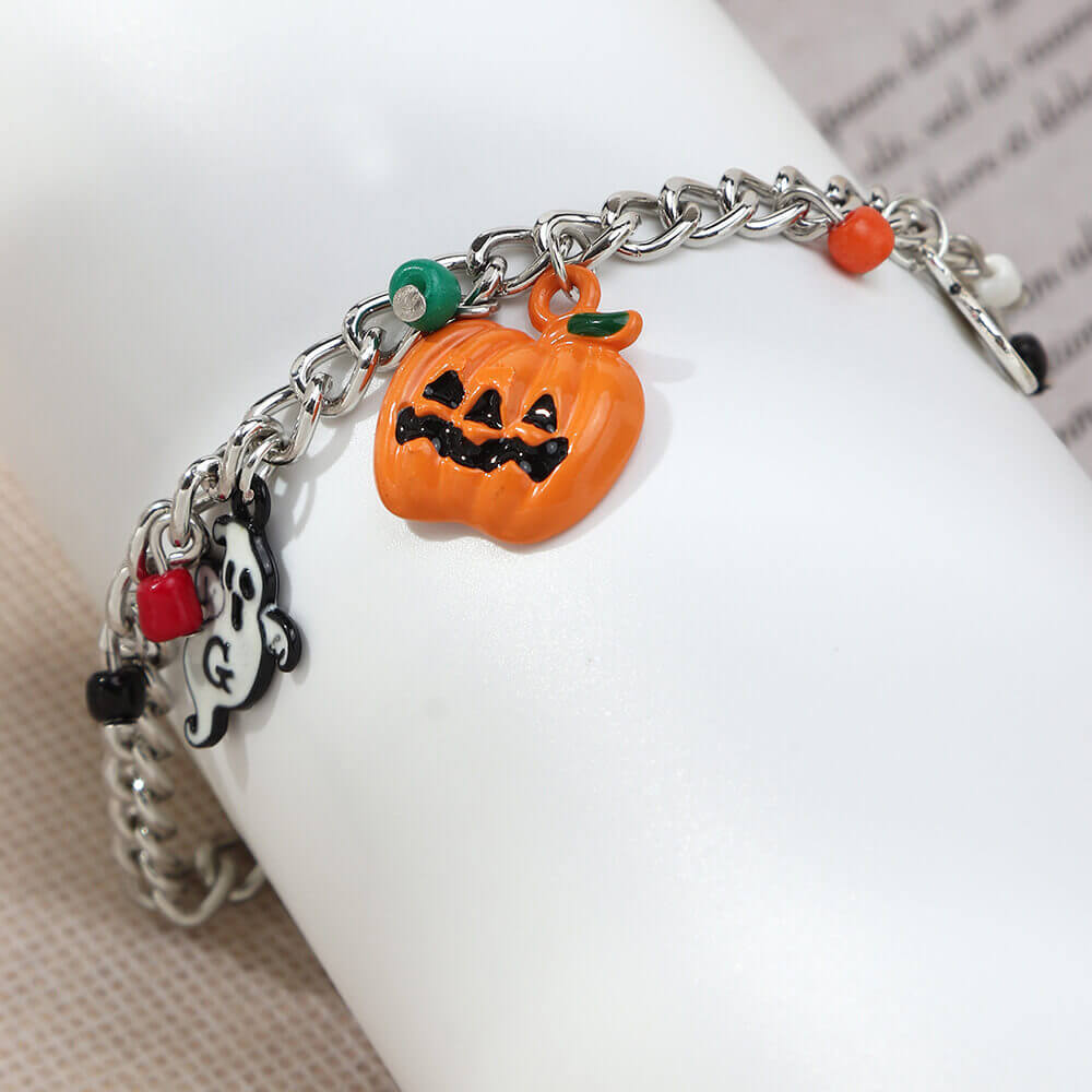 Halloween Punk Chunky Chain Pumpkin Imp Skull Pendant Bracelet