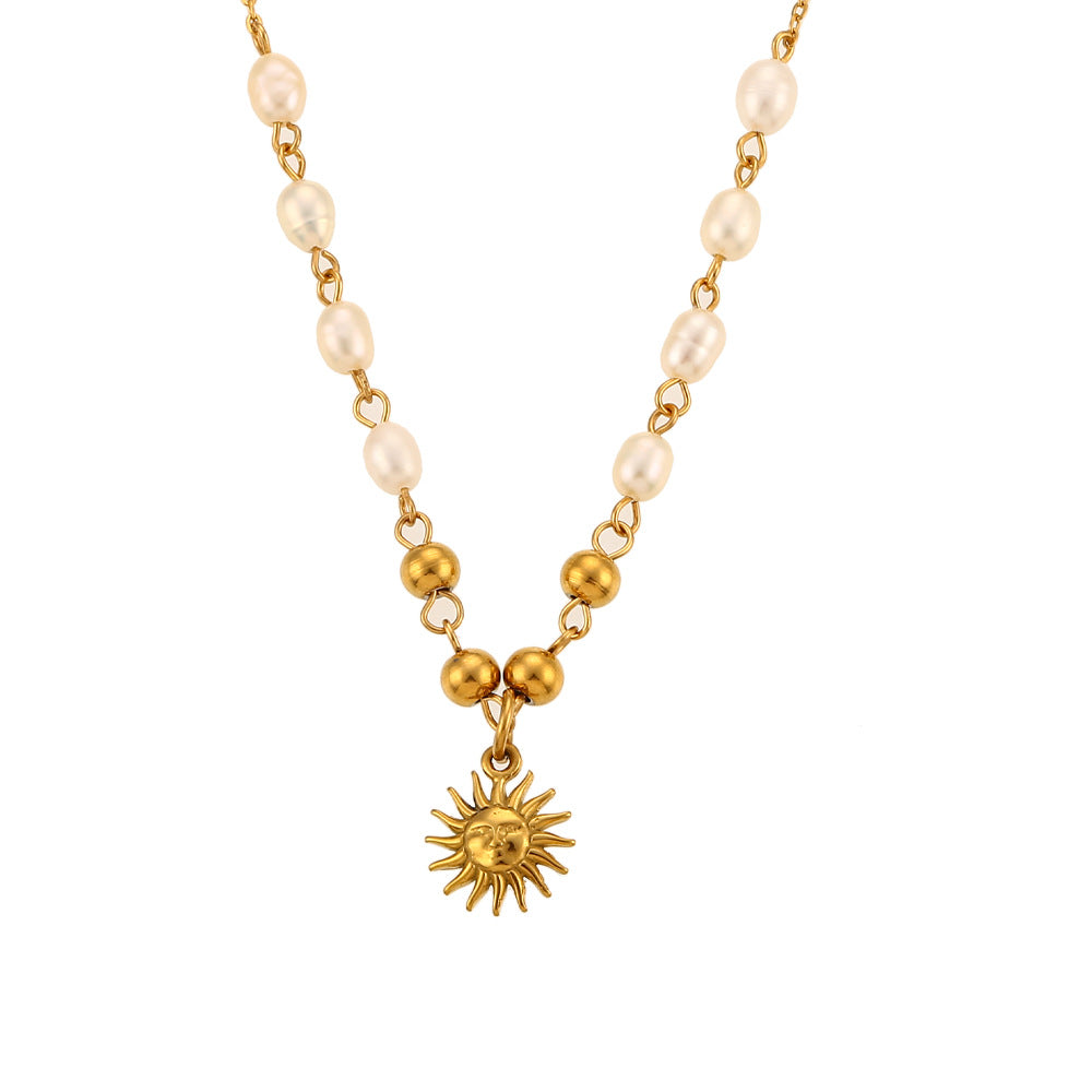 Pearl Gold Beads Sun Pendant Necklace