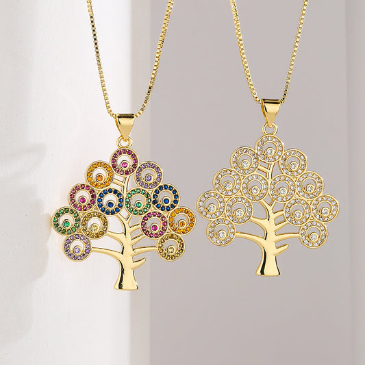 Hollow Life of Tree Full Stones Pendant Necklace