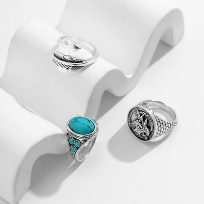 Turquoise Arrow Feather Skull Ring Set