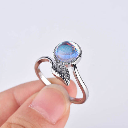 White Gold Leaf Moonstone Adjustable Ring