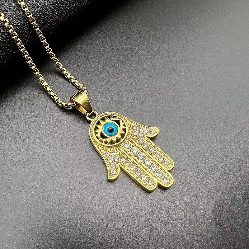 Hiphop Gold Plated Zircon Blue Eyes Hand of Fatima Pendant