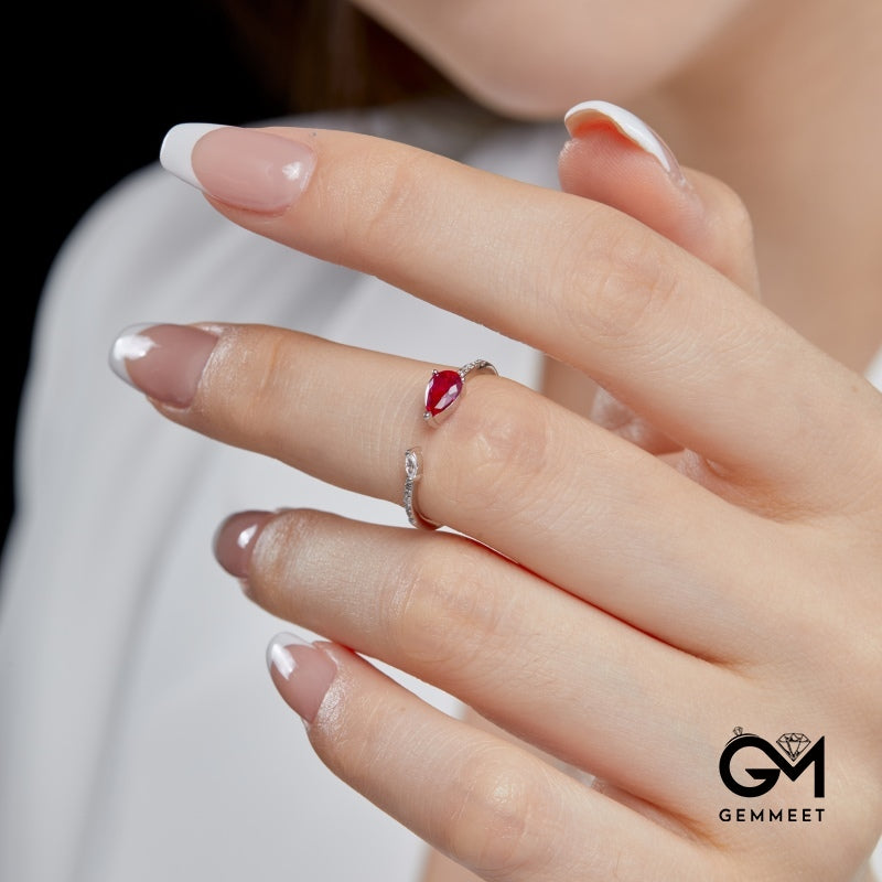 S925 Sterling Silver Rose Red Zircon Heart Open Ring