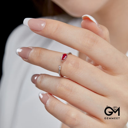 S925 Sterling Silver Rose Red Zircon Heart Open Ring