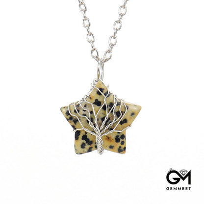 Crystal Pentagram Wound Tree of Life Pendant Necklace