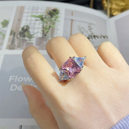 Super Flash Princess Square Ring Pink Zircon Hearts and Arrows Simulation Moissanite Diamond Ring for Women