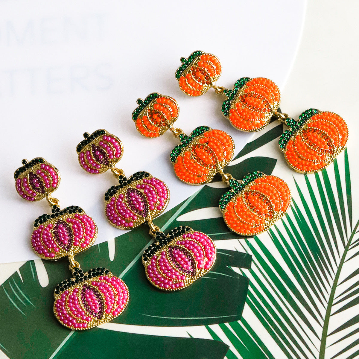 Halloween Wacky Triple Layer Pumpkin Rice Bead Earrings