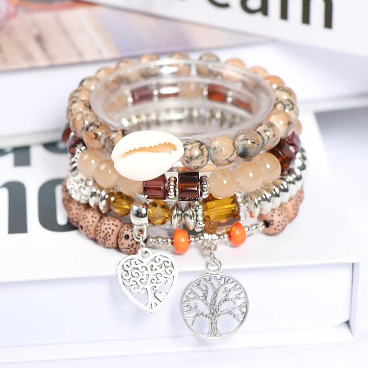 Tree Of Life Heart Pendant Beaded Bracelet Set