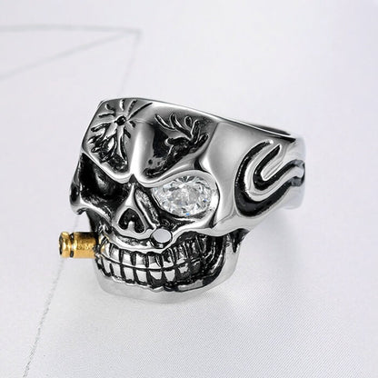 White Eyes Gold Pipe Skull Ring