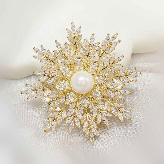 Golden Shinny Pearl Full Stone Snowflake Brooch