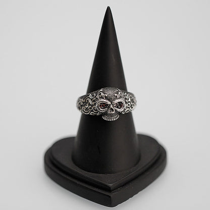 Vintage Engraved Small Skull Red Eye Ring