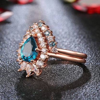 Blue Topaz White Zircon Crystal Design Rose Gold Ring