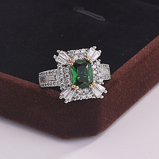 Emerald and Zirconia Square Princess Ring Micro Pave Diamond Engagement Ring