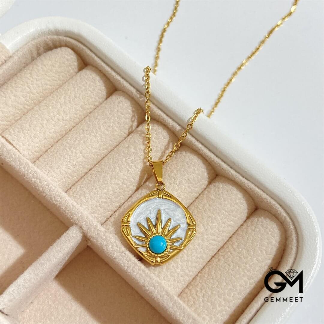 Turquoise Sun Pendant 18k Gold Plated Necklace