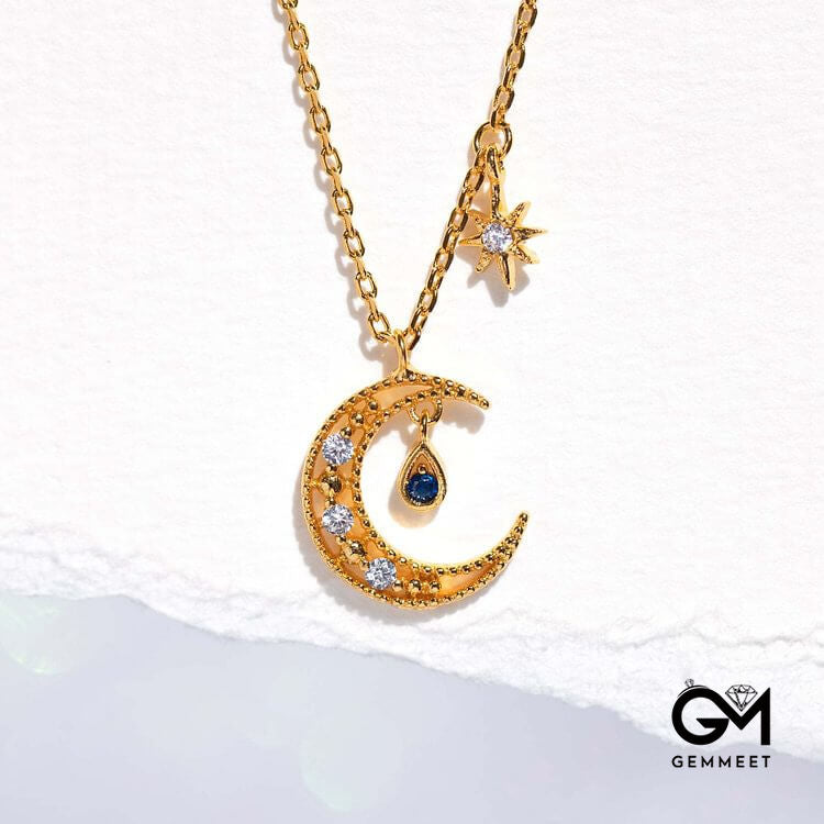 Blue Topaz White Zircon Moon Star Pendant Necklace