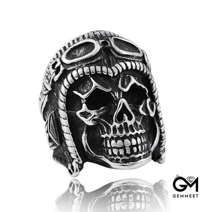 Titanium Steel Punk Engraved Skull Pilot Ring