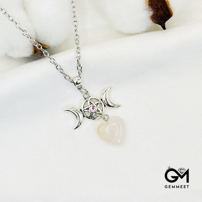 Bohemia Rose Quartz Crescent Moon Star  Necklace