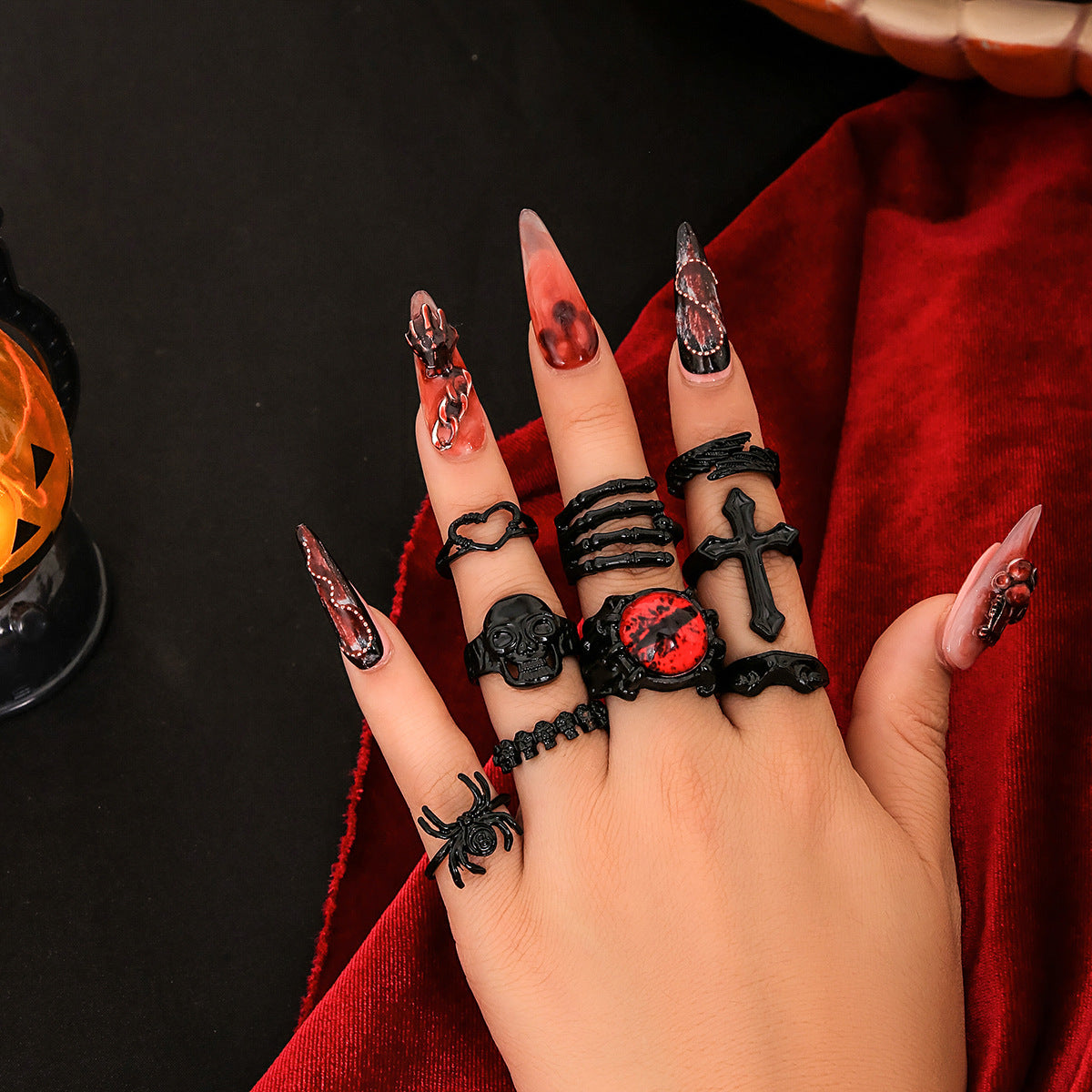 9 Pcs Black Cross & Halloween Symbol Ring Set