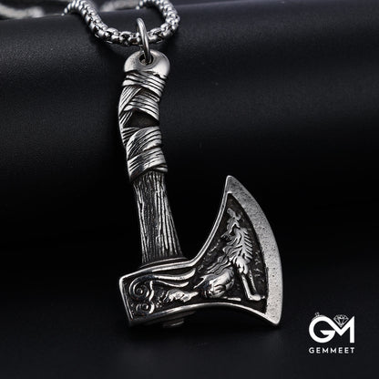 Vintage Stainless Steel Axe Skull Pendant Necklace