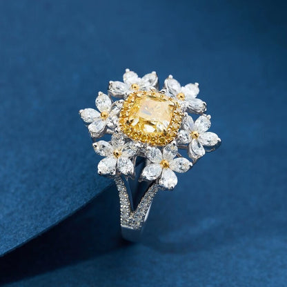 Light Luxury Imitation Color Yellow Diamond Six Flower Zircon Ring