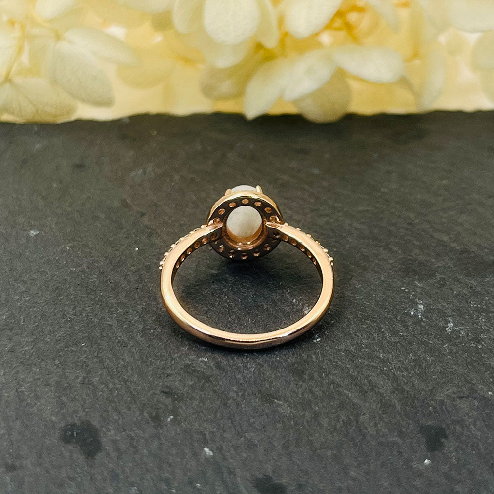 Oval Cut Rose Golden Moonstone Halo Ring