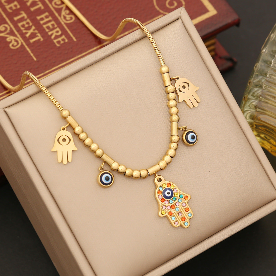 Hollow Evil Eye Color Stones Bracelet Necklace & Earrings