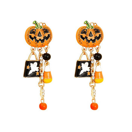 Halloween New Oil Drop Diamond Pumpkin Head Ghost Pendant Earrings