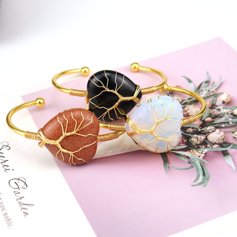 Gold Copper Wire Wrapped Natural Heart Shape Crystal Bracelet