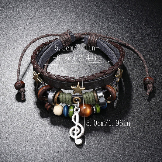 Simple Layered Beaded Leather Statement Musical Note Charm Music Festival Bracelet