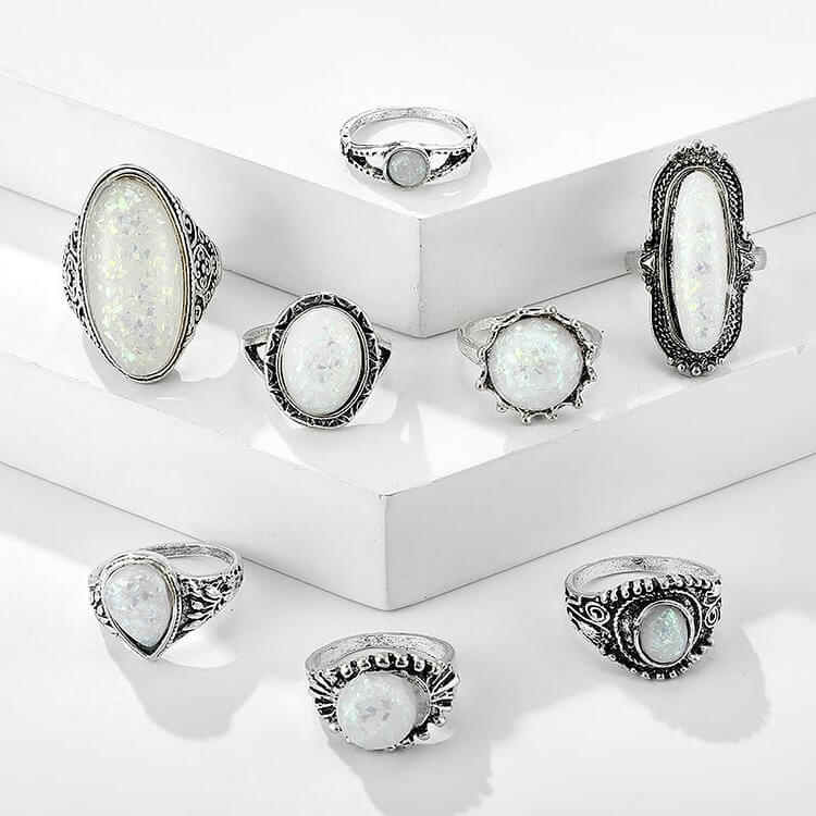 Round Oval Opal 8-Piece Ring Set