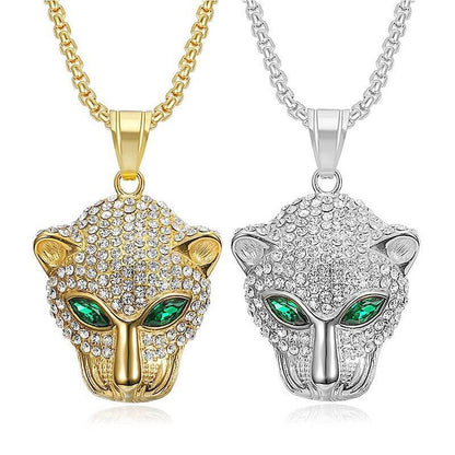 New Hip-hop Stainless Steel Inlaid Green Red Synthetic Cubic Zirconia Eyes Leopard Head Pendant for Men and Women